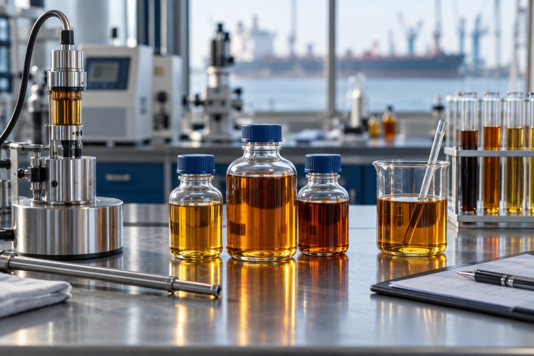 Marine fuel samples and testing equipment in a laboratory