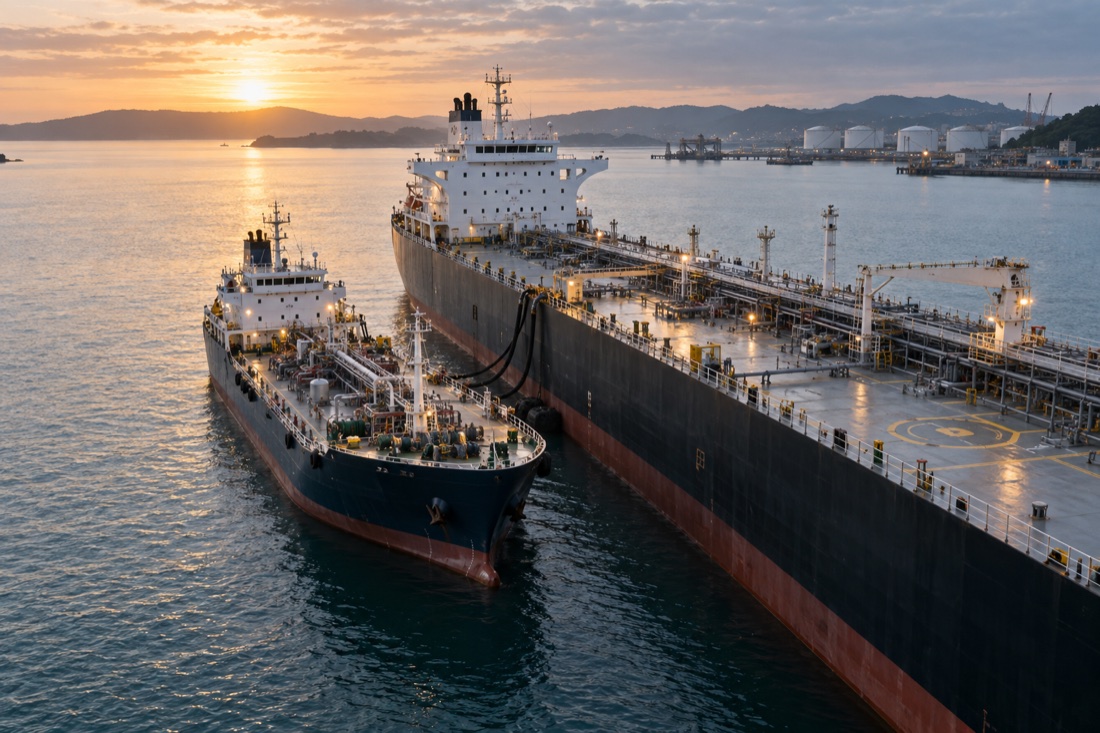 A marine fuel supply vessel alongside a tanker in a sheltered harbour