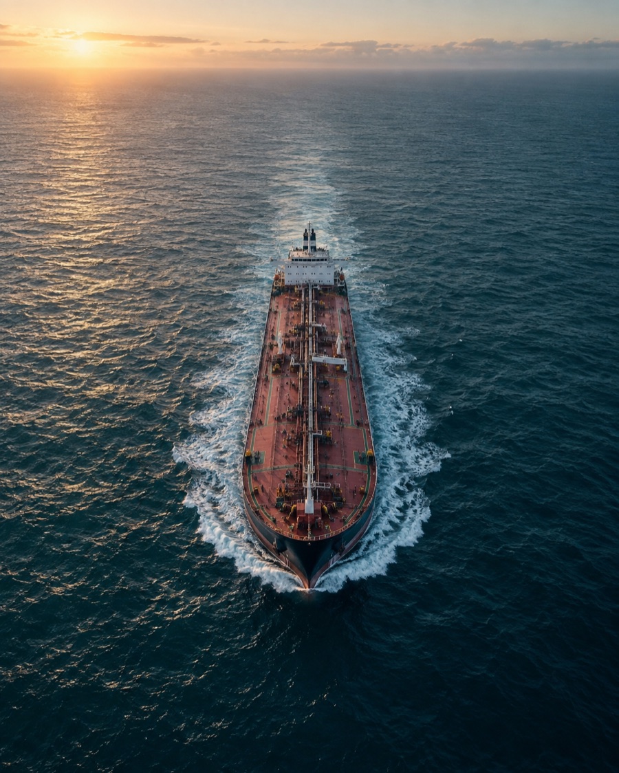 A tanker crossing the open sea at sunrise