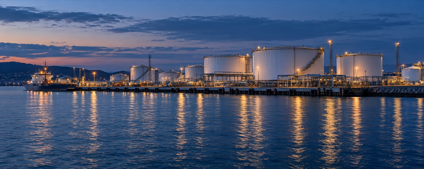 Coastal fuel storage terminal at blue hour